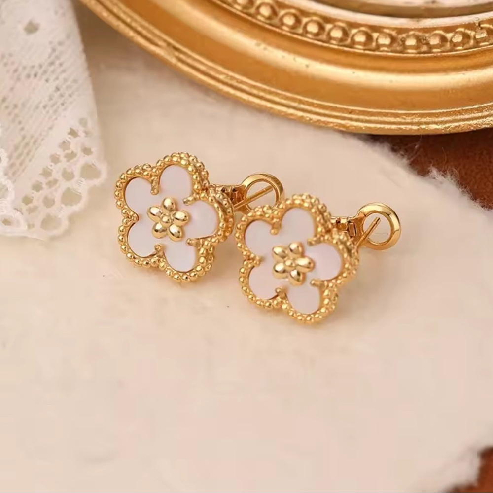 Elegant Gold and White Flower Plum Blossom Earrings. VCA